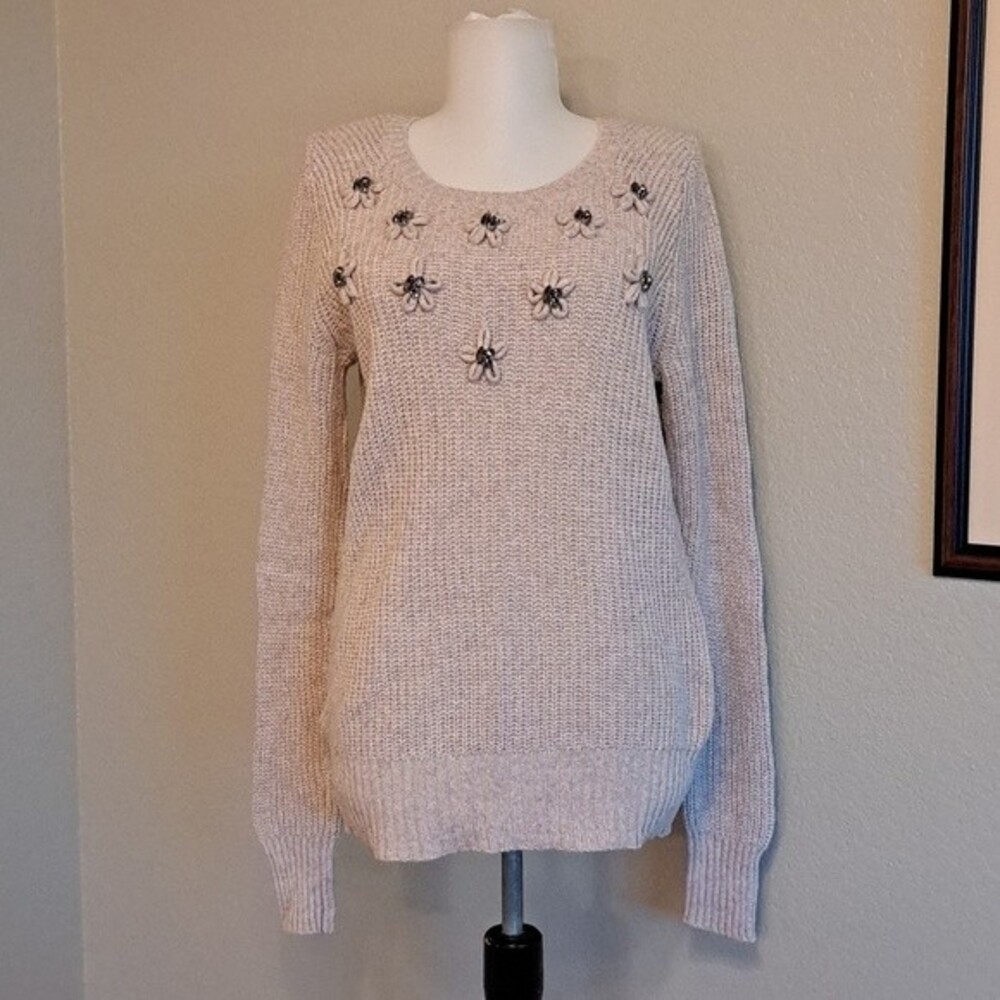 Tommy Bahama, Size S Flower and Gem Embellished Sweater Beige